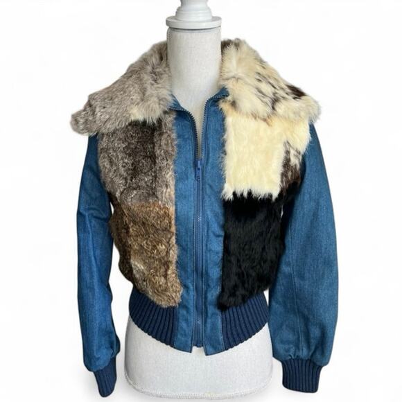 Vintage 70’s fur patchwork collared denim bomber jacket retro boho - Picture 1 of 8